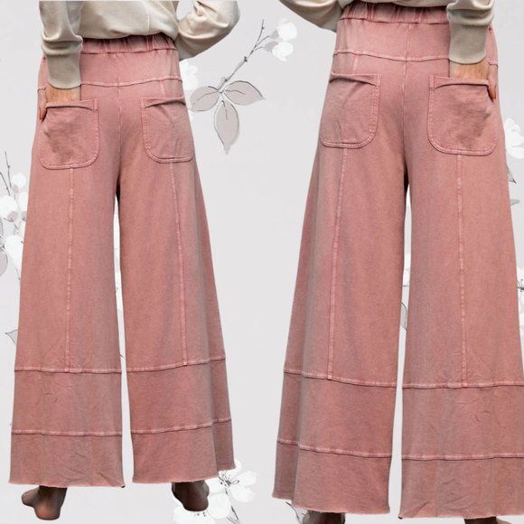 EASEL "Perfect Cargo" Terry Knit Mineral Washed Flared Leg Pants Raw Hem & Seams - Picture 3 of 14